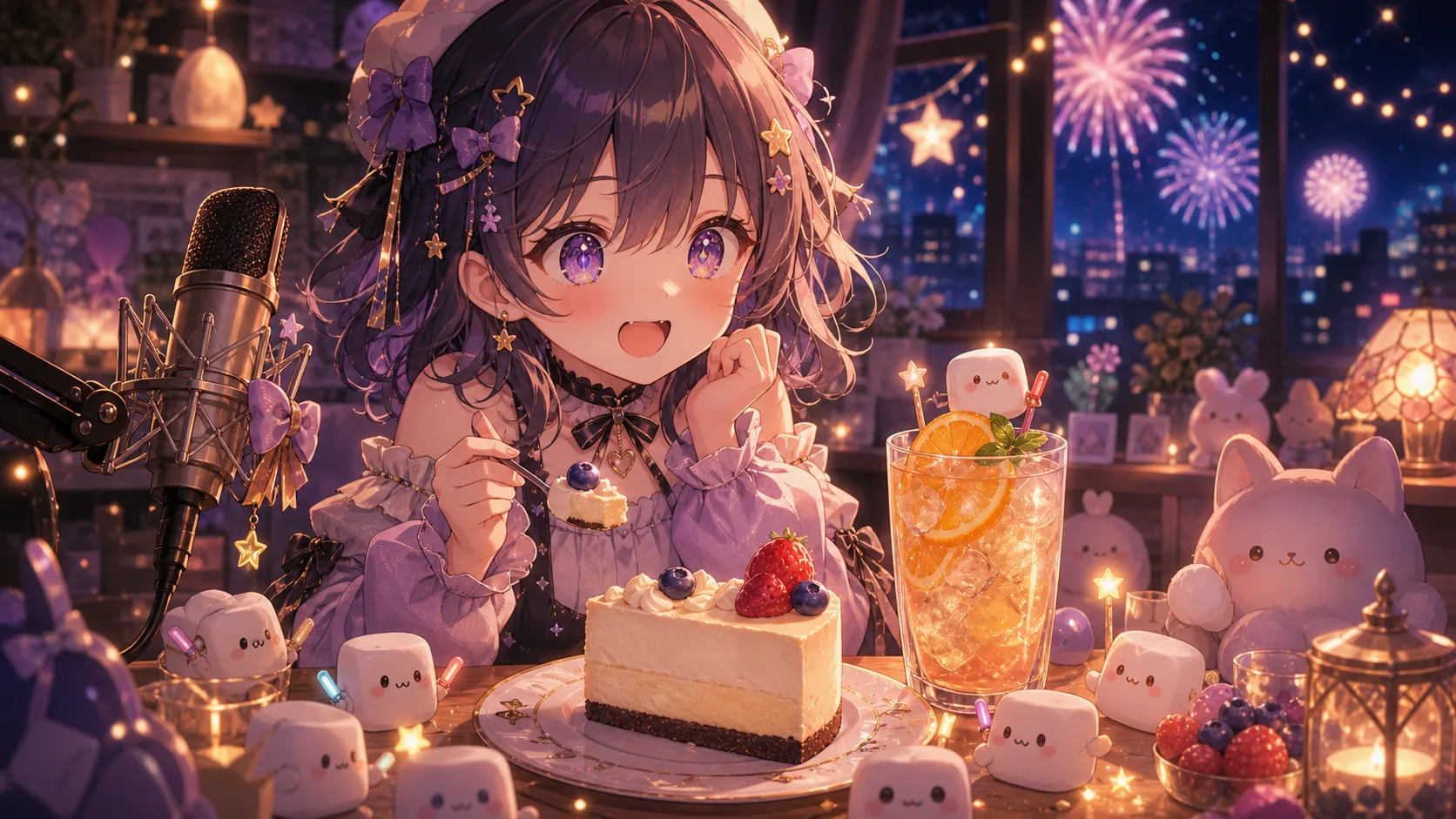 レアチーズケーキと柑橘ドリンクを前にうれしそうに食べるオリジナルキャラクターのイメージ