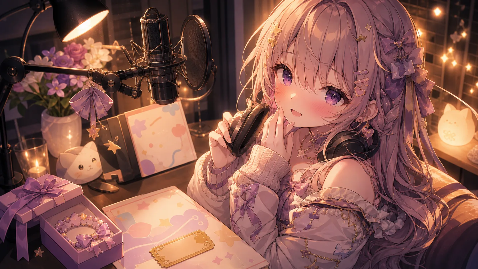 録音マイクと小さな贈り物が並ぶ配信机で照れるオリジナルキャラクターのイメージ