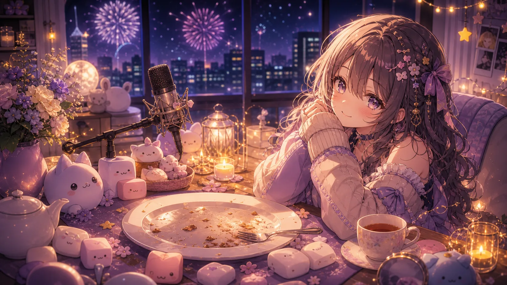 配信後のケーキ皿とマシュマロ風マスコットが並ぶ夜の机のオリジナルイメージ