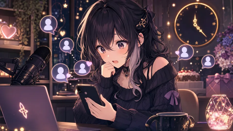 夕方に決めた初凸待ちでDiscord通知を気にするオリジナル女性キャラクターのイメージ