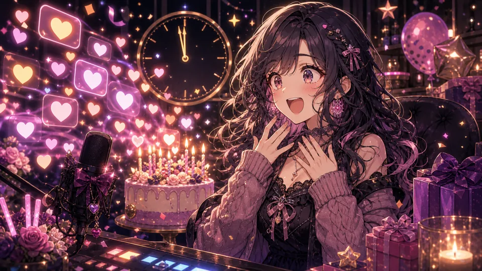 日付変更のラグで先に祝福コメントが流れ驚くオリジナル女性キャラクターのイメージ