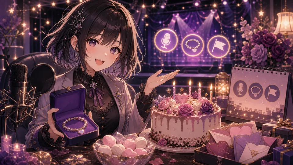 誕生日本番のマシュマロとケーキ、ボイスとブレスレット告知を並べるオリジナル女性キャラクターのイメージ