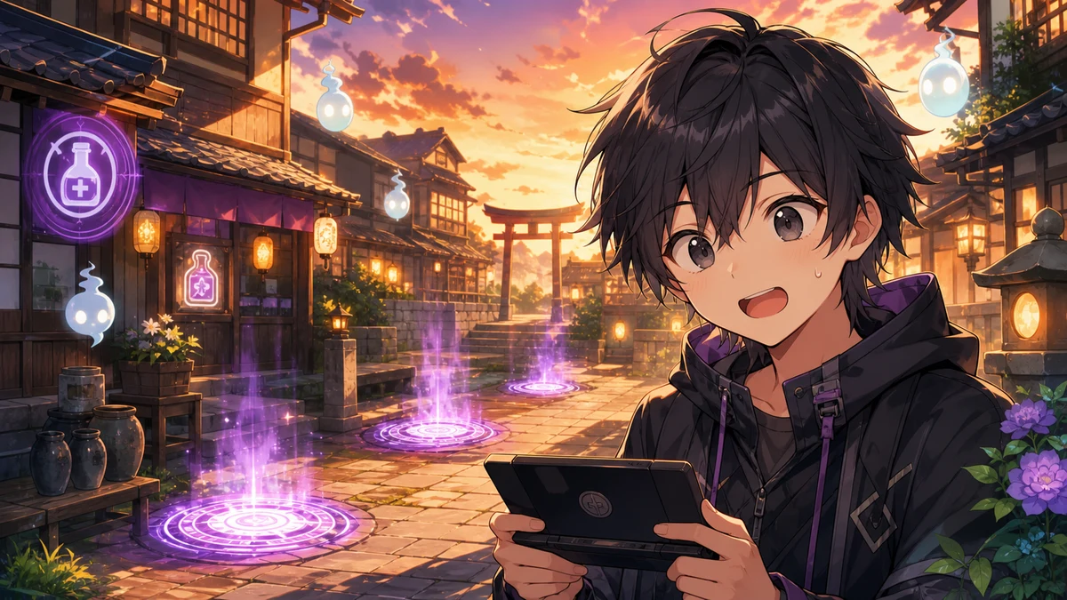古い町並みの前で携帯ゲーム機を構える人物