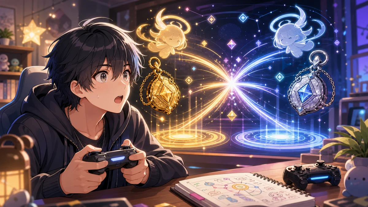 明るいゲーム配信部屋で携帯ゲーム機を持つ男性キャラクターと、双子の光る小物が並ぶイメージ