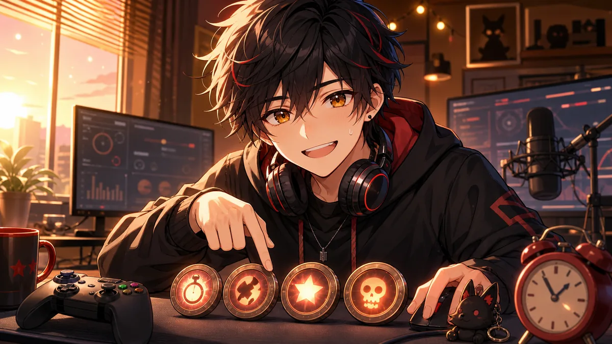 朝活の配信机でカスタムナイトの残り条件を整理するオリジナル男性キャラクターのイメージ