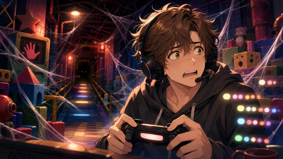 蜘蛛の巣のような通路と抽象的な追走ルートを前にコメント欄を気にするオリジナル男性キャラクターのイメージ
