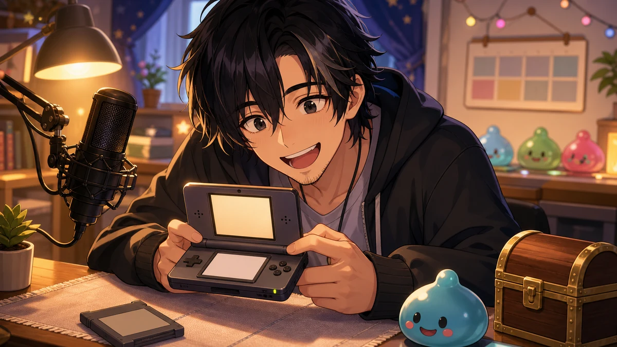 明るい配信部屋で小さな携帯ゲーム機と丸い宝箱を見ながら笑うオリジナル男性キャラクターのイメージ