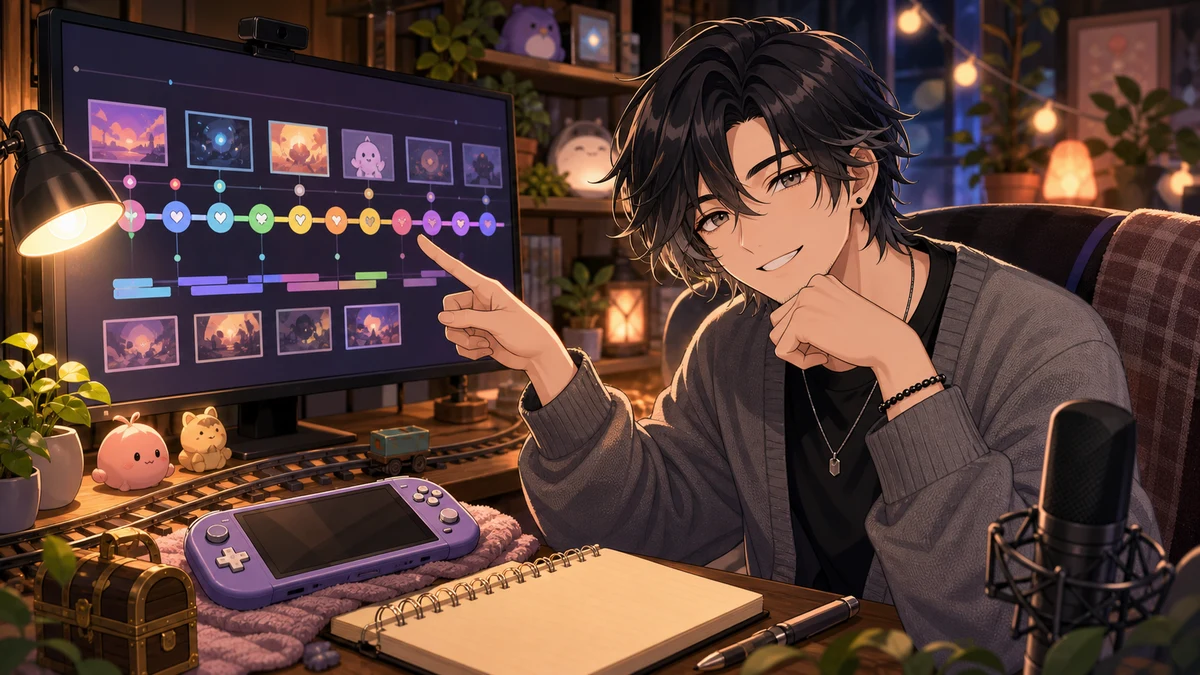 配信アーカイブの流れを示す抽象的なタイムラインと小さなゲーム小物を確認するオリジナル男性キャラクターのイメージ