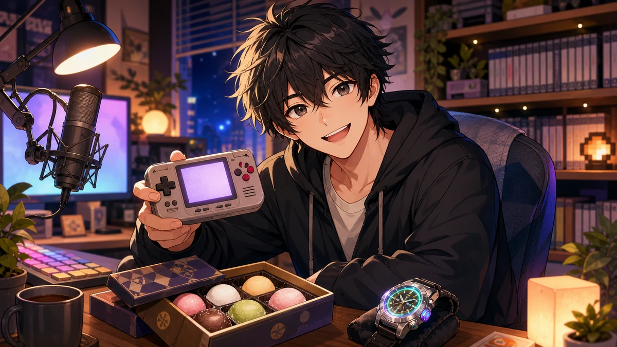 夜の配信部屋で携帯ゲーム機とお土産箱を前に話す男性キャラクターのイメージ