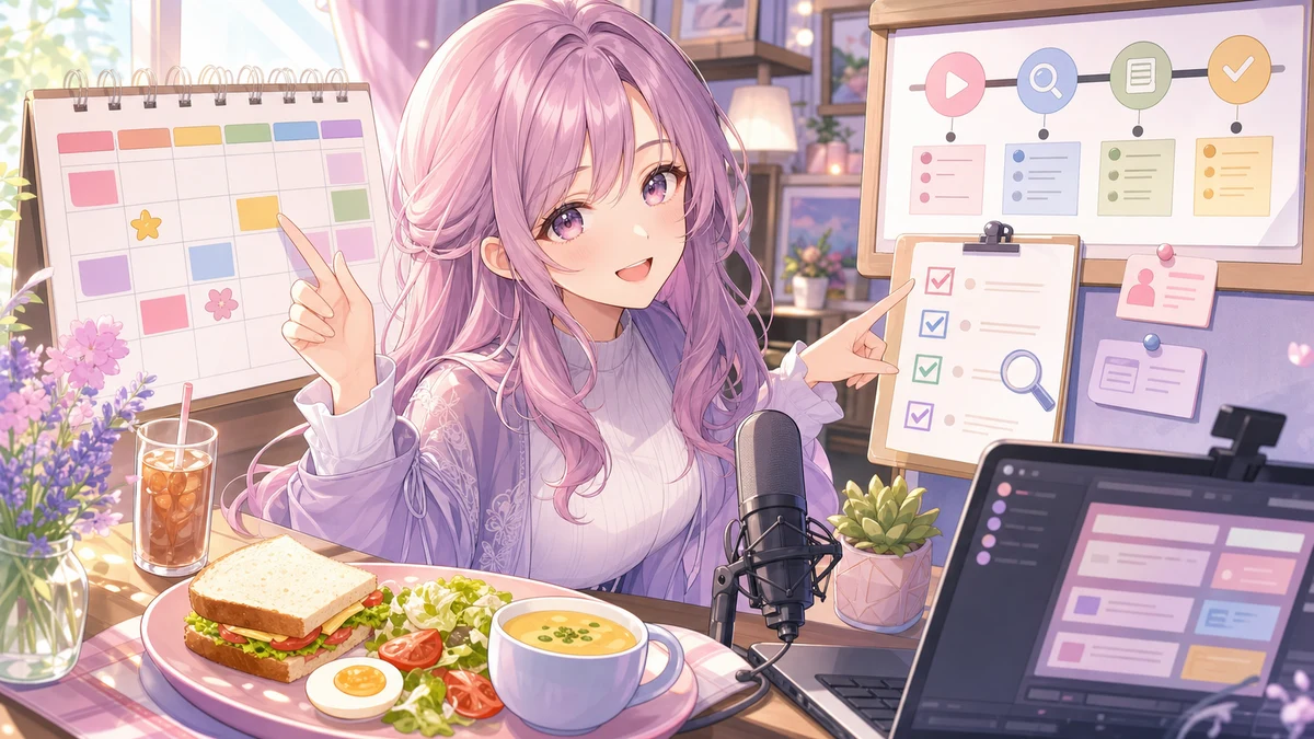 昼食とGWカレンダー、確認メモを配信机で見比べるオリジナル女性キャラクターのイメージ