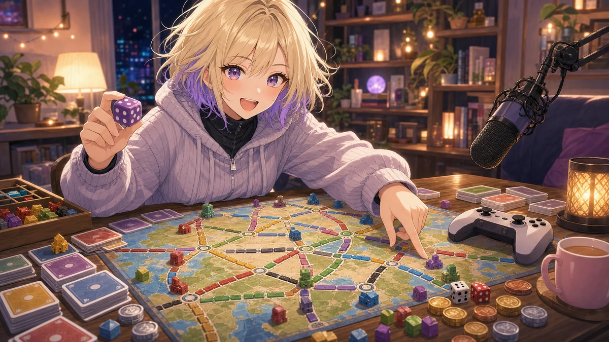 ボードゲーム卓で路線図とサイコロを見比べる金髪の女性キャラクターのイメージ