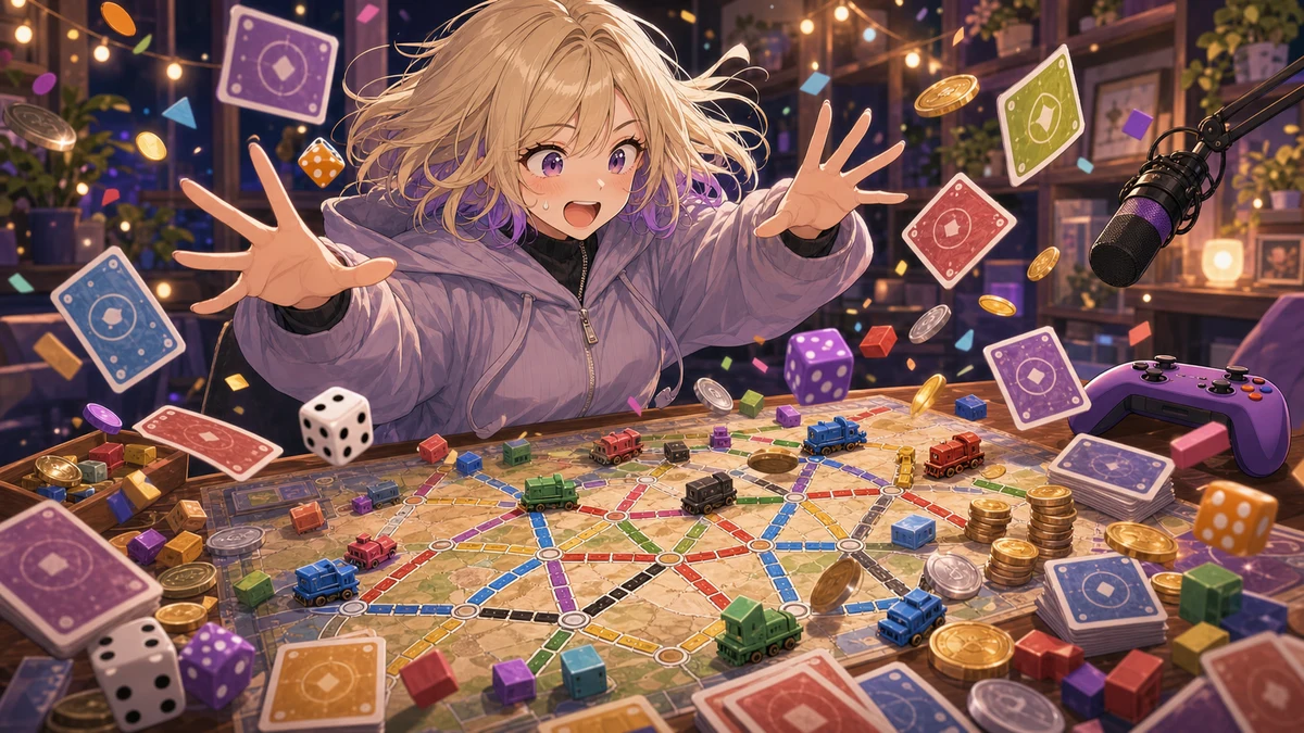散らばったカードと物件コマの前で驚く金髪の女性キャラクターのイメージ