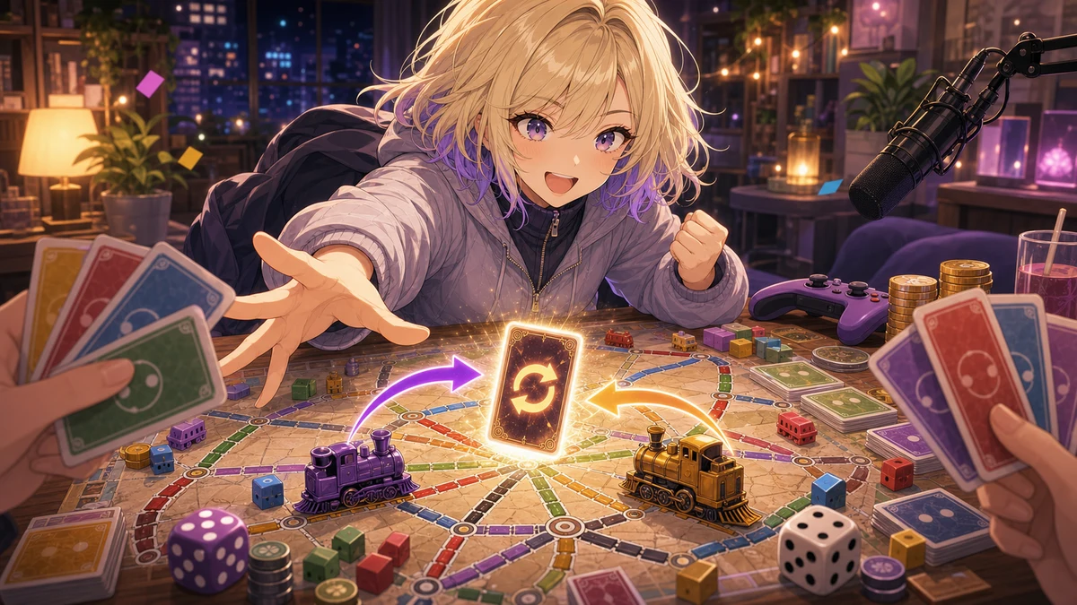 光るカードと入れ替わった物件コマを囲む金髪の女性キャラクターのイメージ