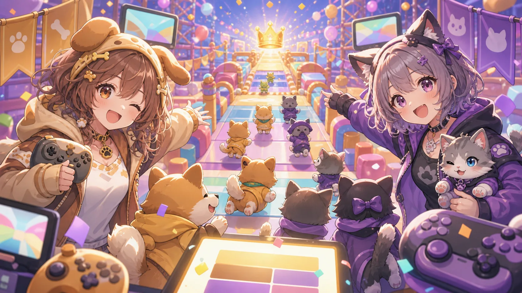 犬と猫のチームカラーを思わせる小旗の前で、クラウンを目指して走り出すオリジナルのかわいいキャラクターたちのイメージ