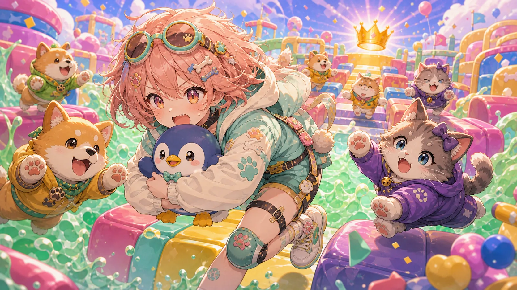 ペンギン人形を抱えた大きなオリジナルキャラクターと、カラフルな障害物コースを走る小さな犬猫モチーフの応援小物のイメージ