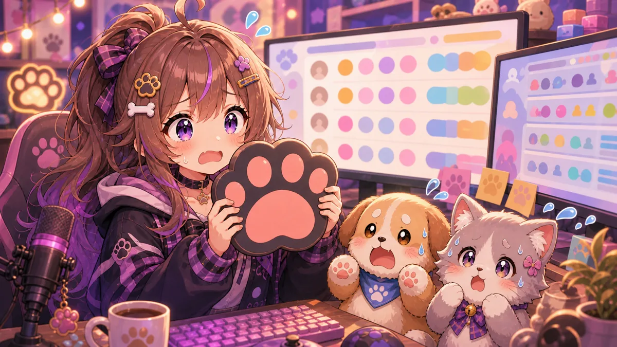 カスタム部屋のコードを隠す配信画面をイメージした、柔らかい光の中のオリジナル配信者キャラクターと小さな応援マスコット