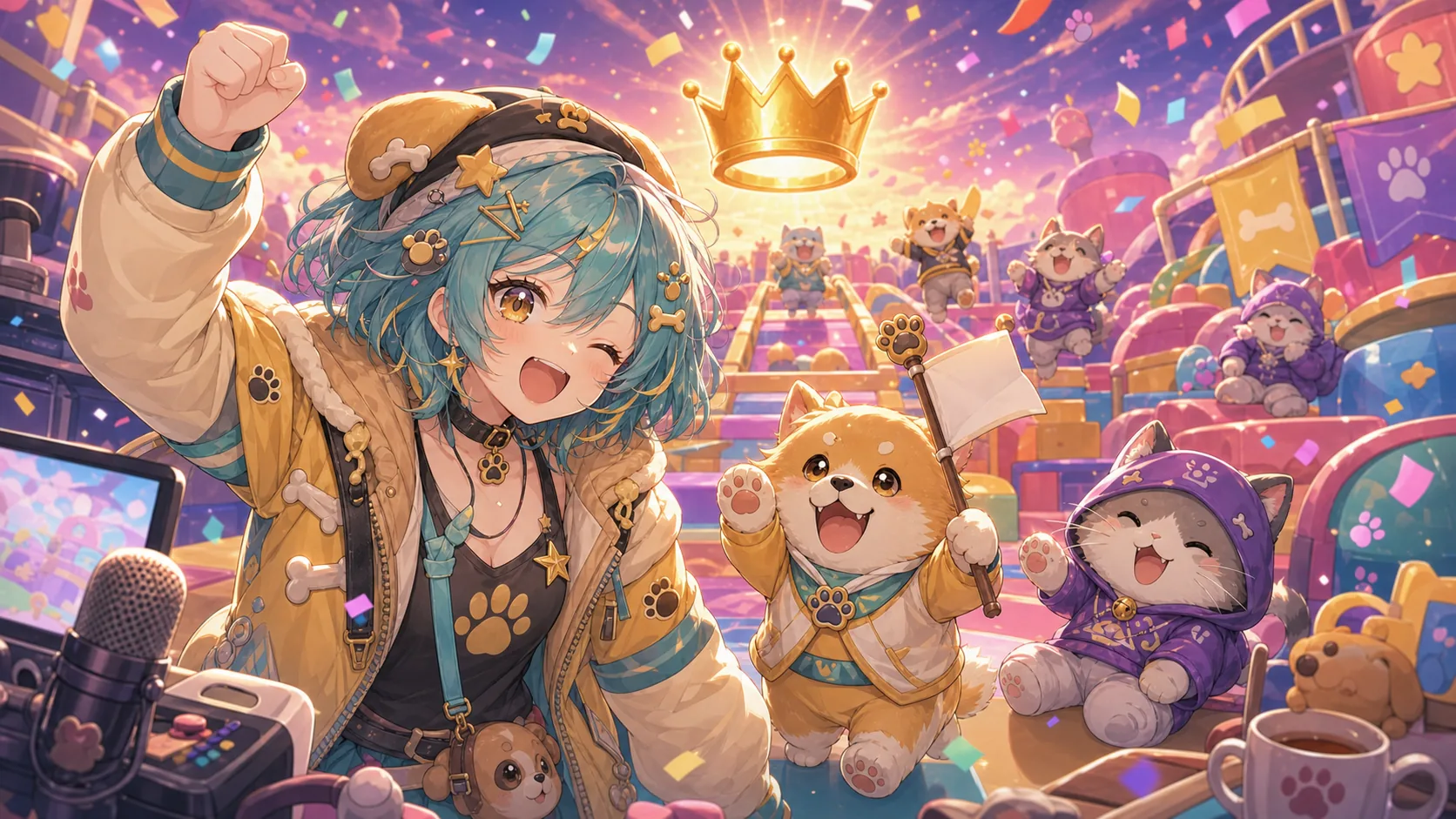 夕方のポップな競技場で、クラウンを目指して拳を上げるオリジナルキャラクターと、横で旗を掲げる小さな犬猫モチーフの応援小物のイメージ