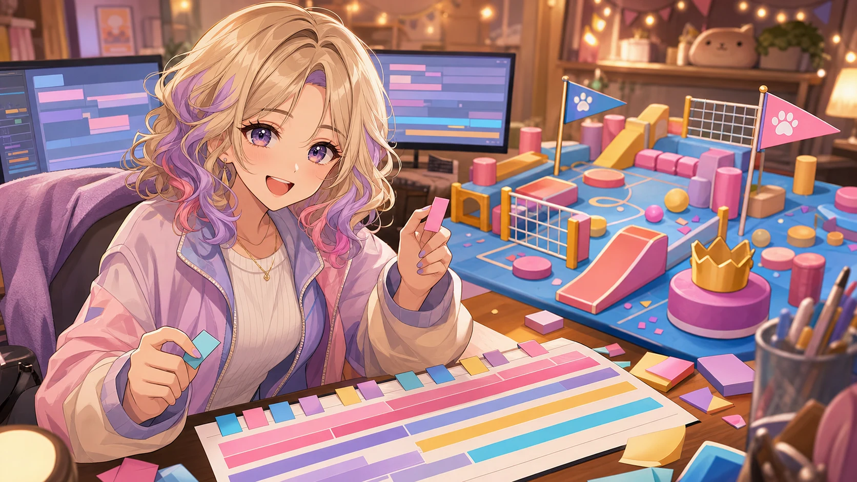 配信机の前で色分けされたタイムラインと障害物コースの模型を見比べるオリジナル女性キャラクターのイメージ
