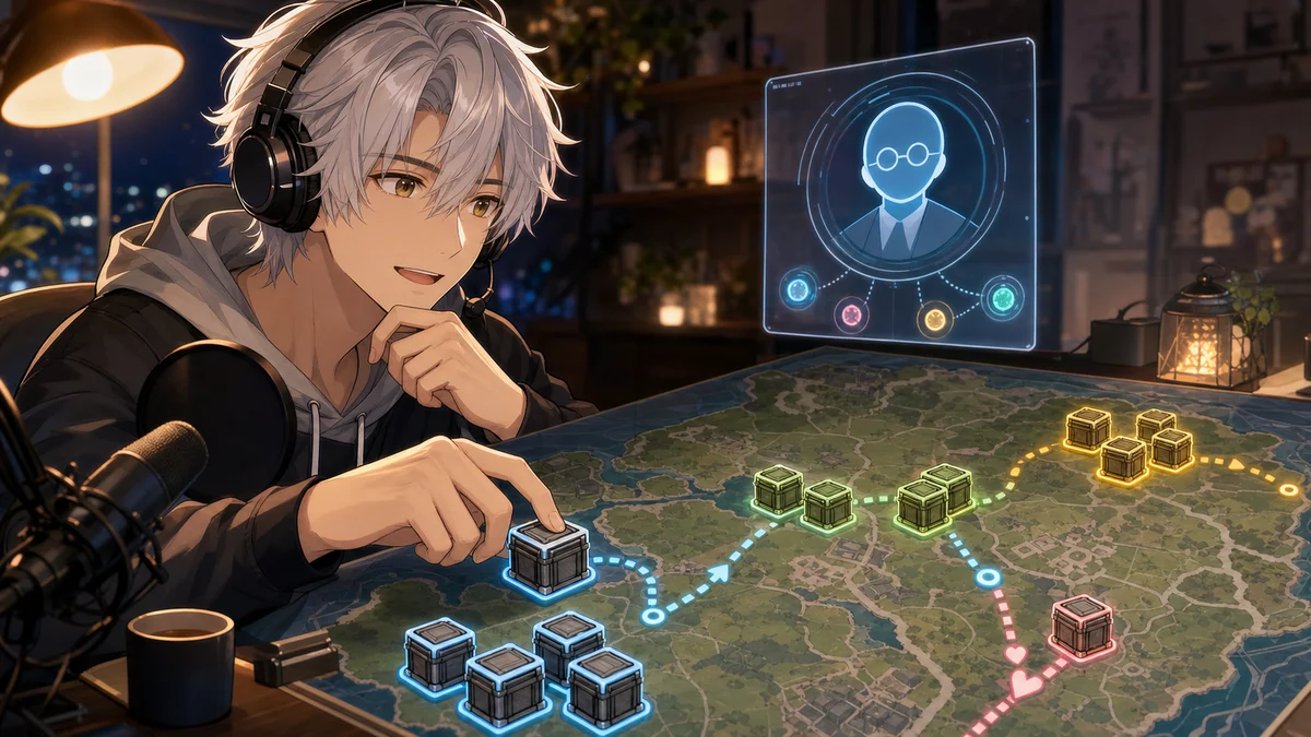 作戦地図の箱とルートを見ながら助言を聞くオリジナル男性キャラクターのイメージ