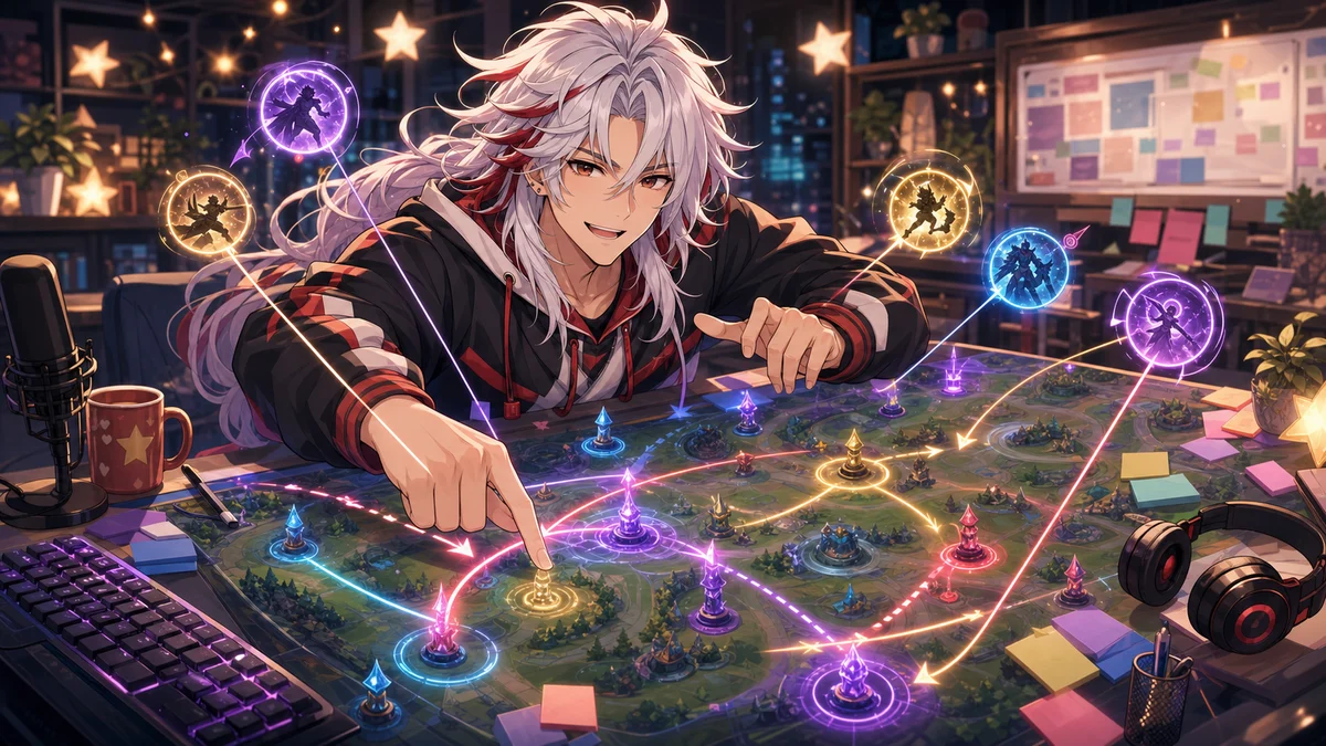 白髪の男性キャラクターが明るい作戦机で光る戦術マップを見つめるイラスト