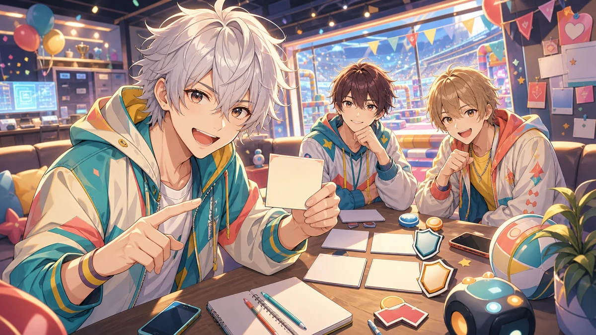 明るい競技会場の控室で作戦メモとスマホを囲む男性キャラクターたちのイメージ