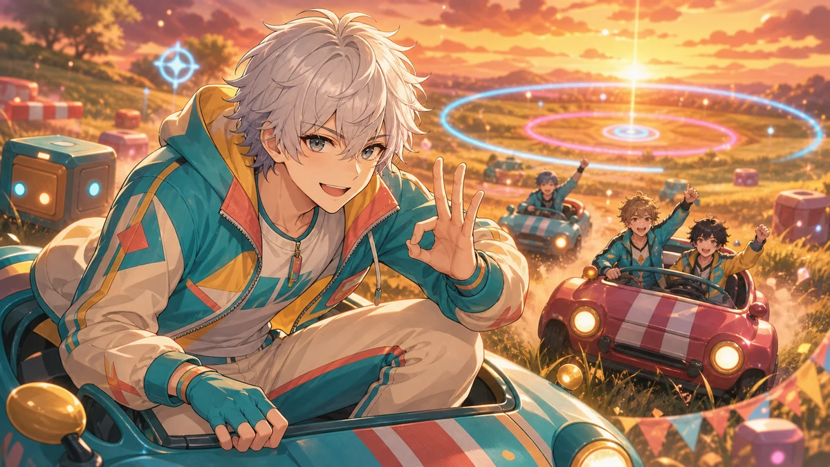 夕方のバトルフィールドで車と抽象的な照準UIを背景に合図を送る男性キャラクターのイメージ