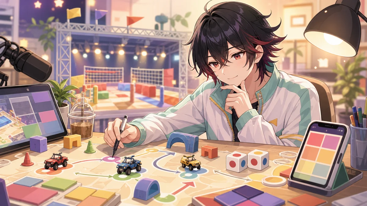 明るい配信スタジオで競技メモやスマホを囲みながら次の場面を確認する男性キャラクターたちのイメージ