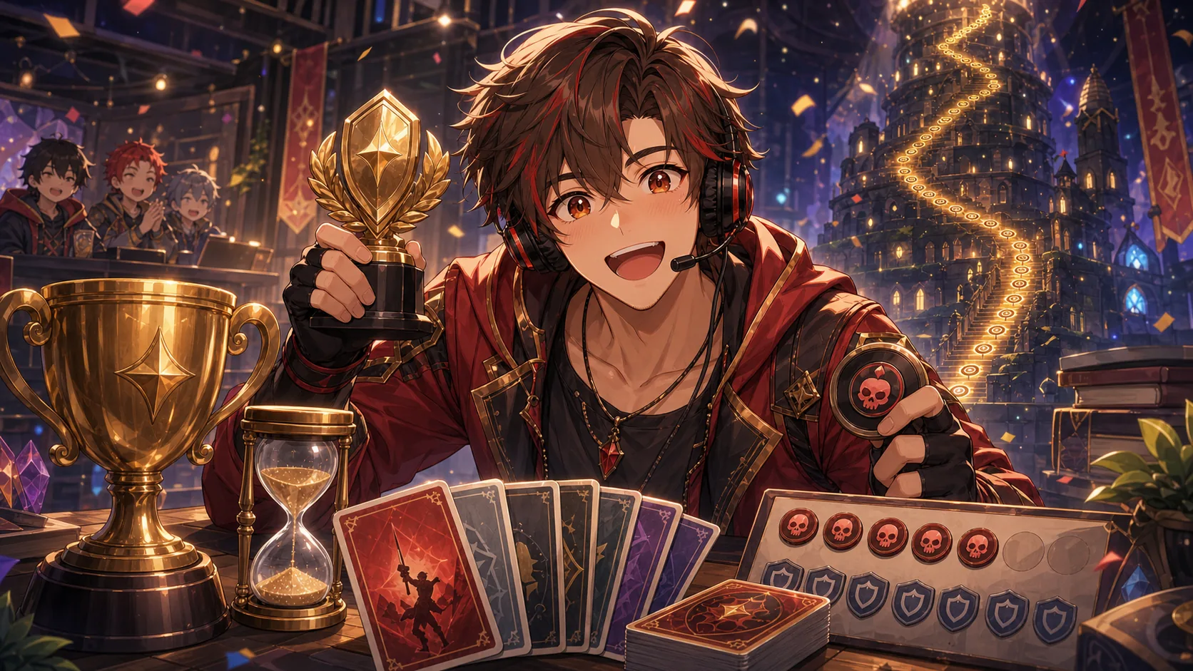 金色のトロフィーと階層カードを前に結果を喜ぶオリジナル男性キャラクターのイメージ