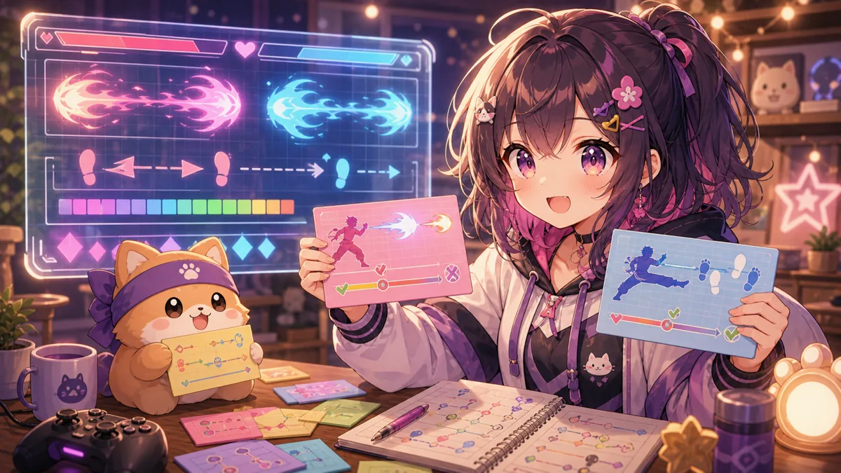 パステル色の練習ボードの前で、かわいいマスコットとオリジナルキャラクターが波動と間合いのメモを見比べるイメージ