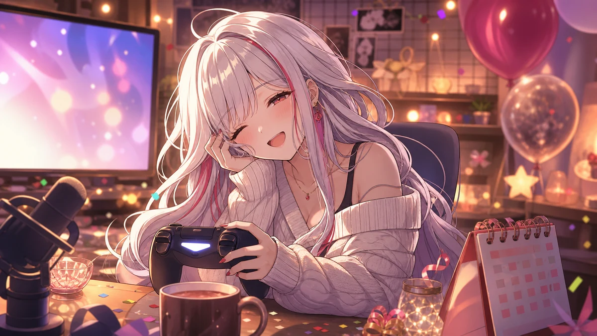 クリア後の明るい配信部屋でゲームパッドと飲み物を置いて一息つく人物のイメージ