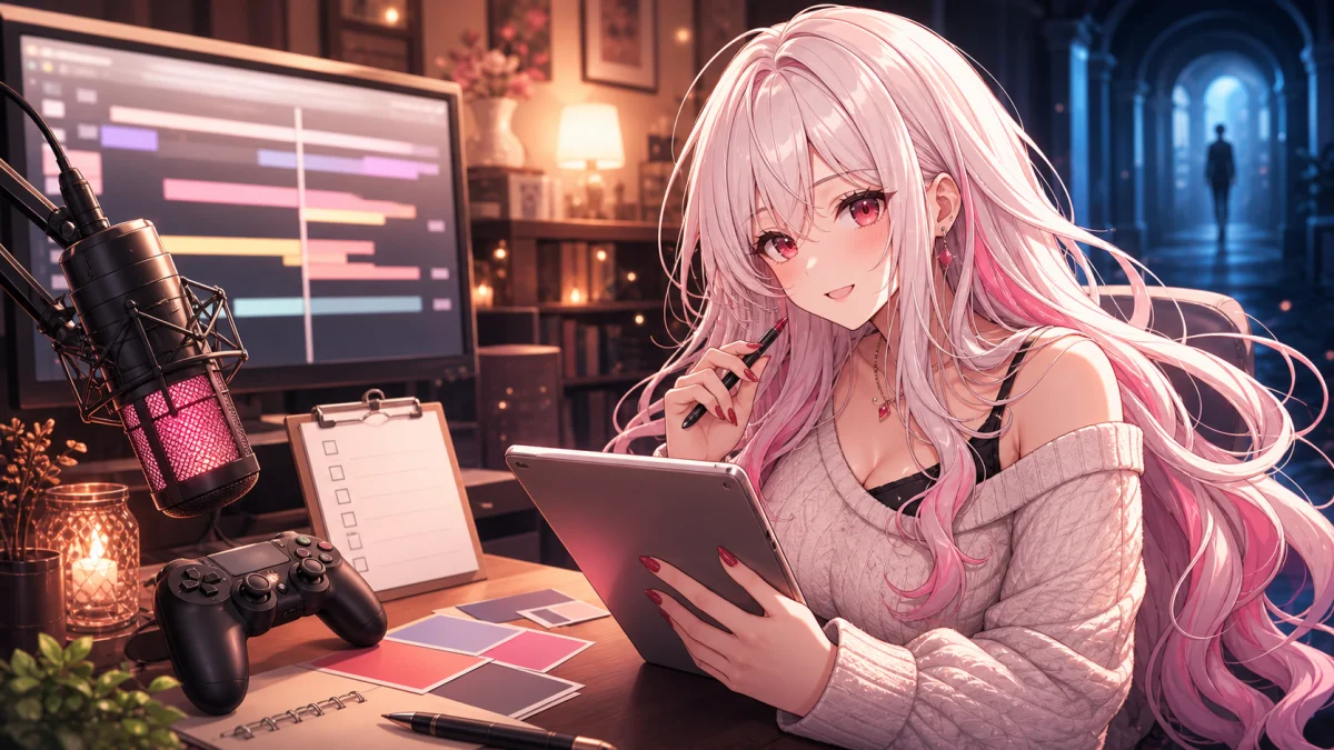 配信机で公式リンクとアーカイブの流れを整理する白髪の女性キャラクターのイメージ