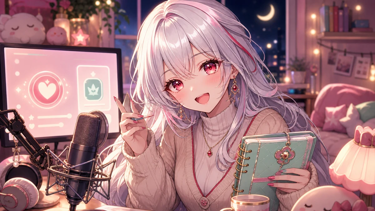 明るい配信部屋でマイクの前に立つ女性キャラクターと小さな予定表のイメージ