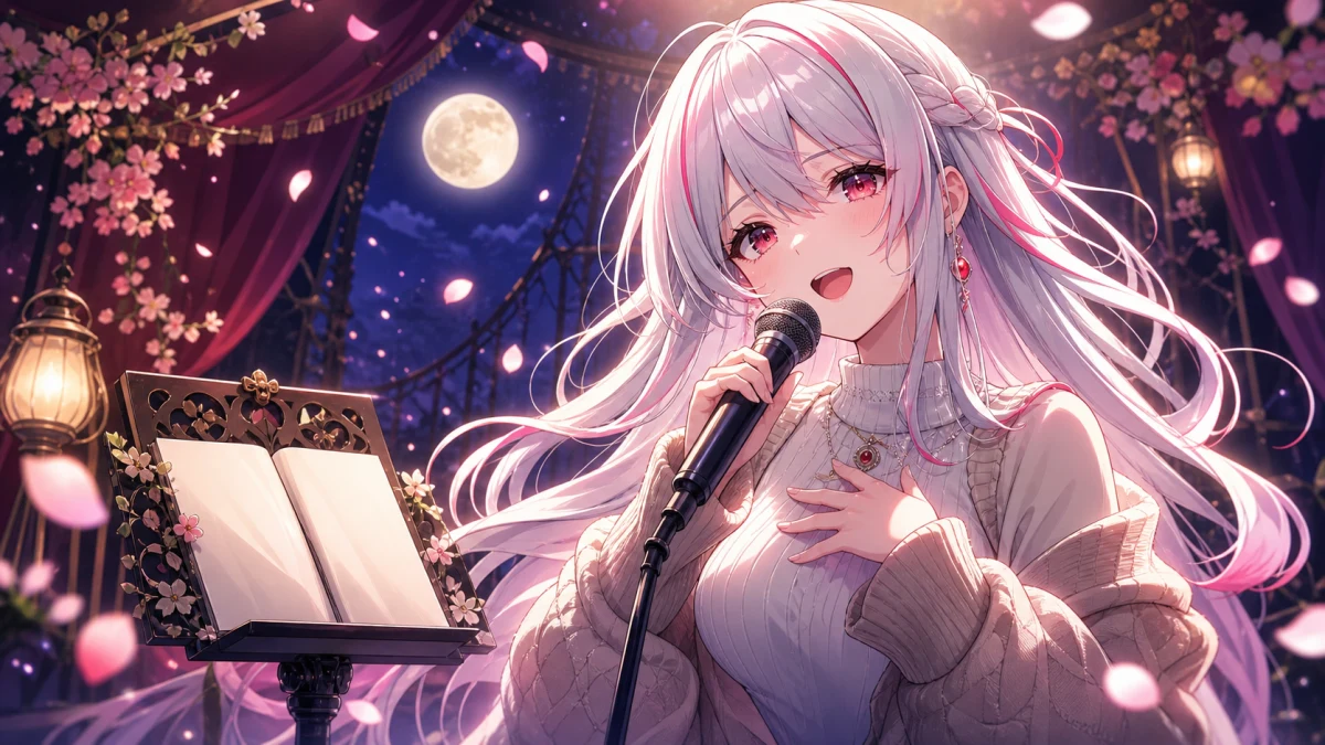 柔らかな花びらと古い楽譜が浮かぶステージで歌う女性キャラクターのイメージ