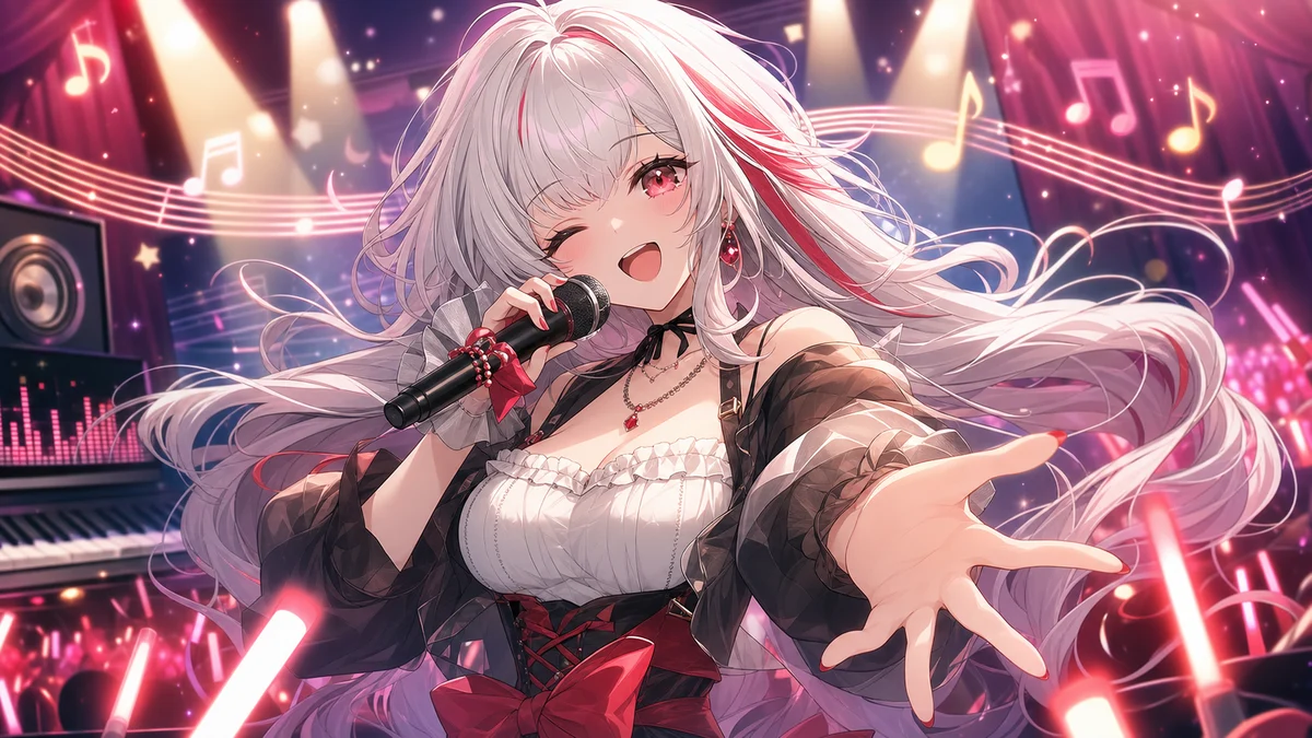 色とりどりの音符とステージ照明の中で歌う女性キャラクター