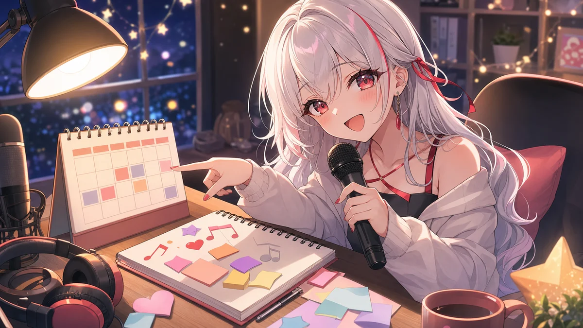カレンダーと音楽メモを置いた机の前で次回配信を楽しみにする女性キャラクター