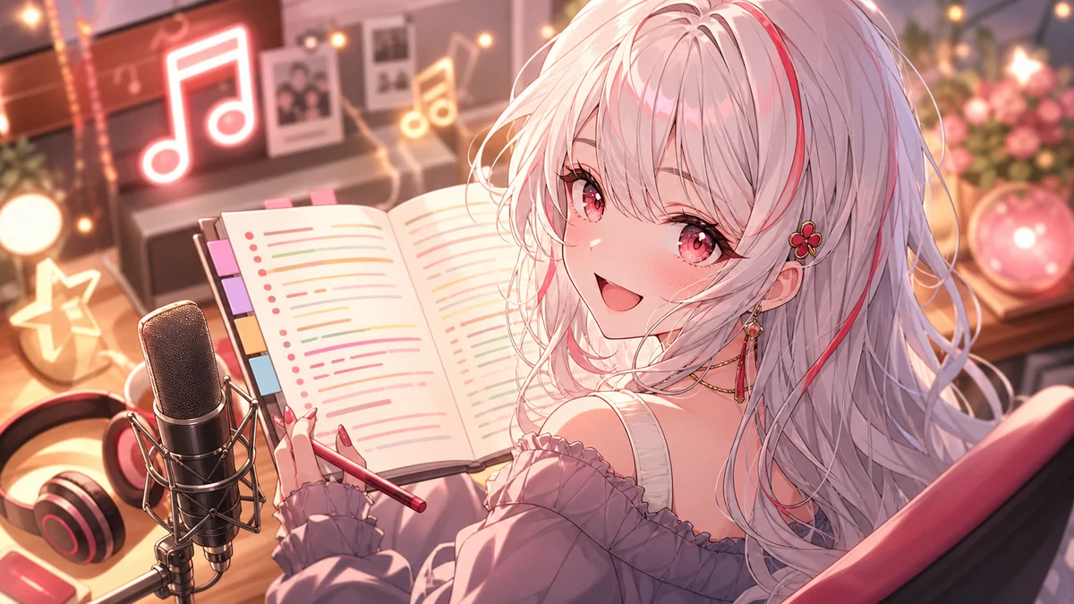 セットリストを確認しながらマイクの前で明るく笑う女性キャラクター
