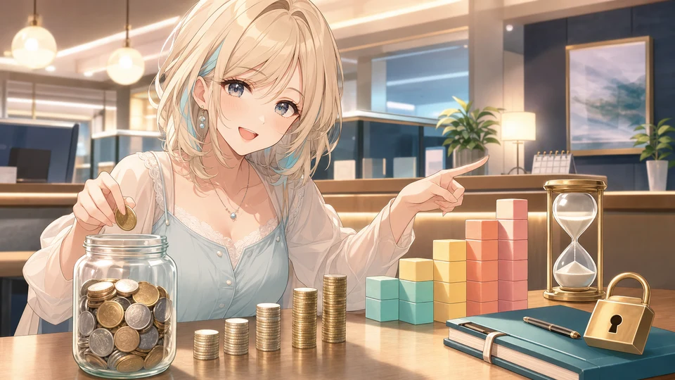 貯金瓶に硬貨を入れる女性と積み木状の予定表、砂時計や鍵が並ぶ貯蓄の場面