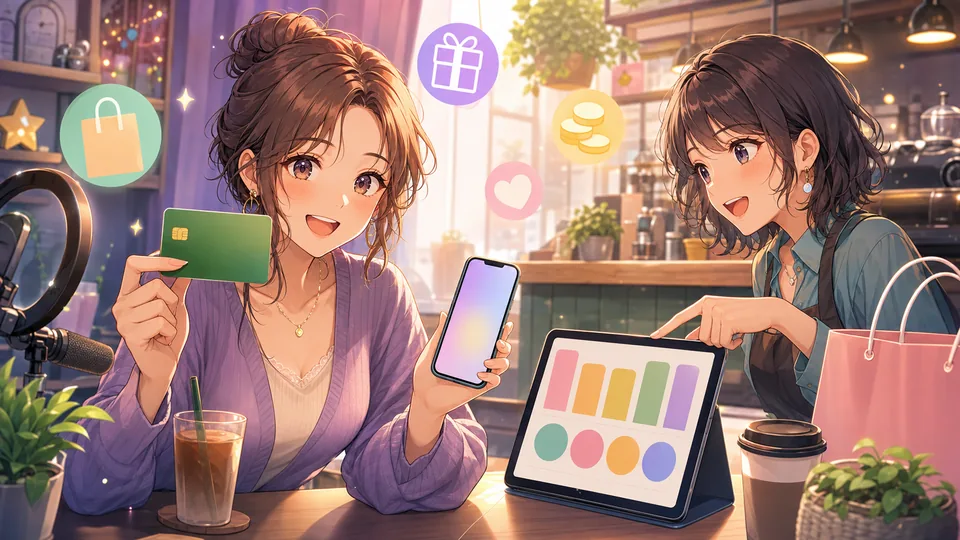 カフェ風の卓上でカードとスマートフォンを見せ、買い物袋やポイントの小物が浮かぶ場面