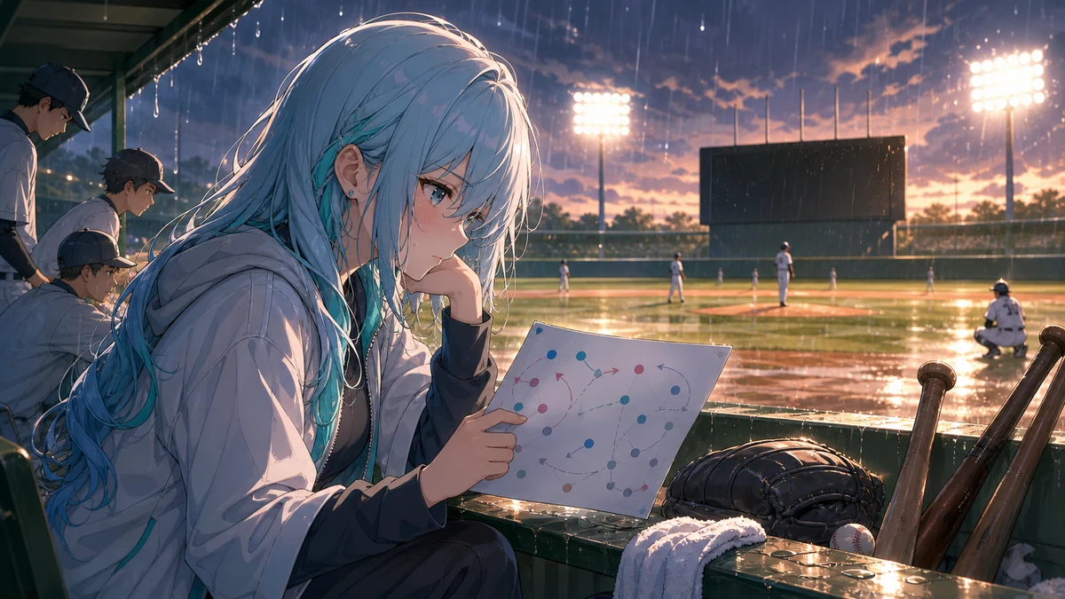 雨上がりのベンチでバットとスコア表を見ながら次の作戦を考える人物