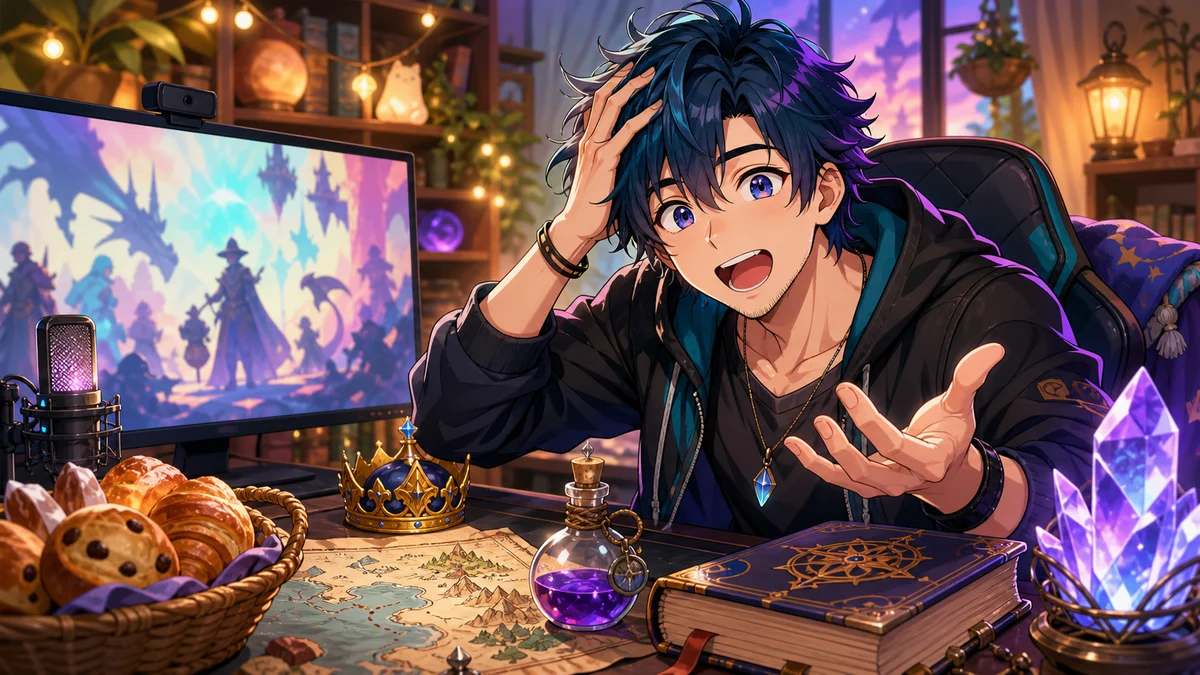 明るい配信部屋でゲーム画面を見ながら驚きと笑顔を見せる人物のイメージ