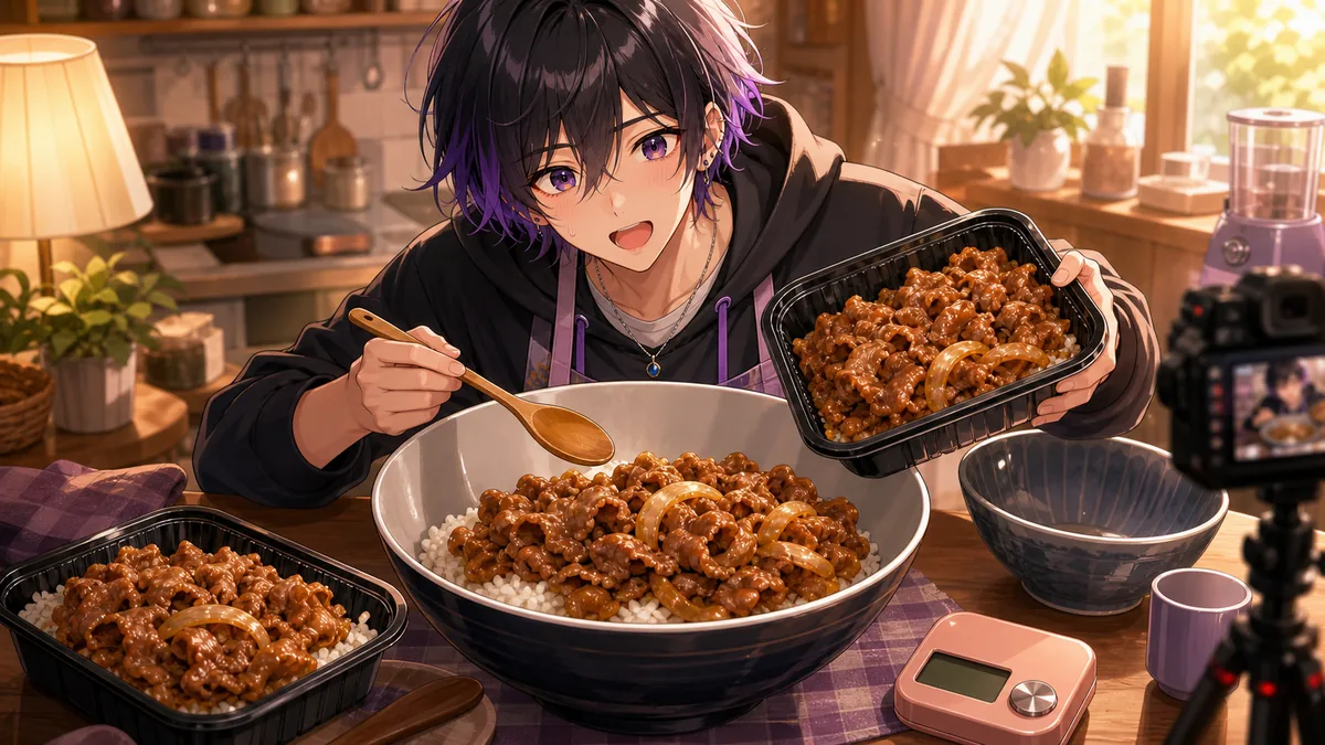 メガ牛丼2つを大皿へ移してキング相当の一皿を作る人物と持ち帰り容器のイメージ