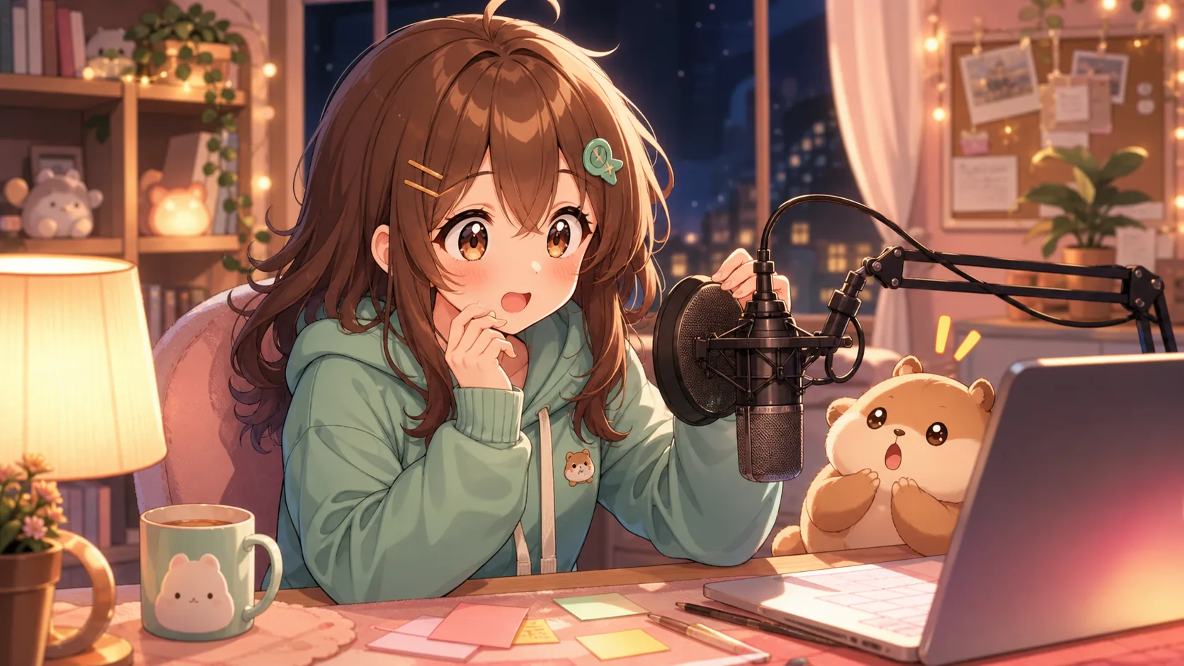 深夜の配信デスクで小さなマスコットがマイクの前に座る作業用ASMR雑談のイメージ