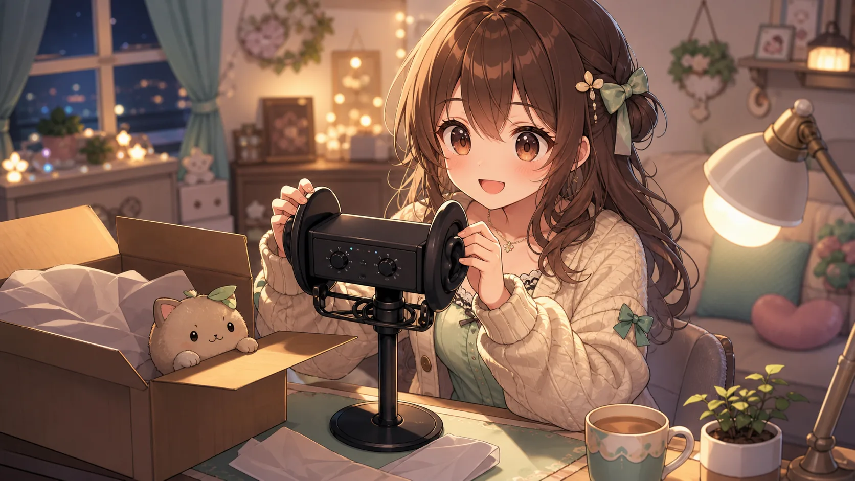 ふわふわした深夜の部屋でかわいいマスコットが大きなバイノーラルマイクを迎えるイメージ