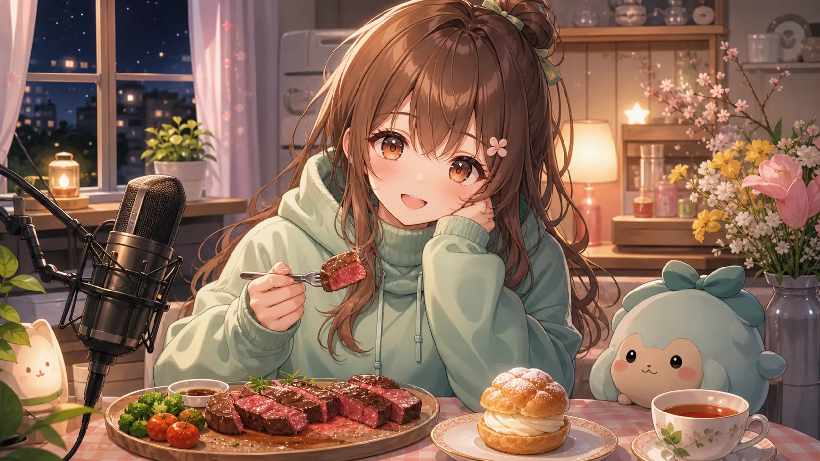 パステル色の深夜キッチンでかわいいキャラクターと小さなマスコットが軽食を囲むイメージ