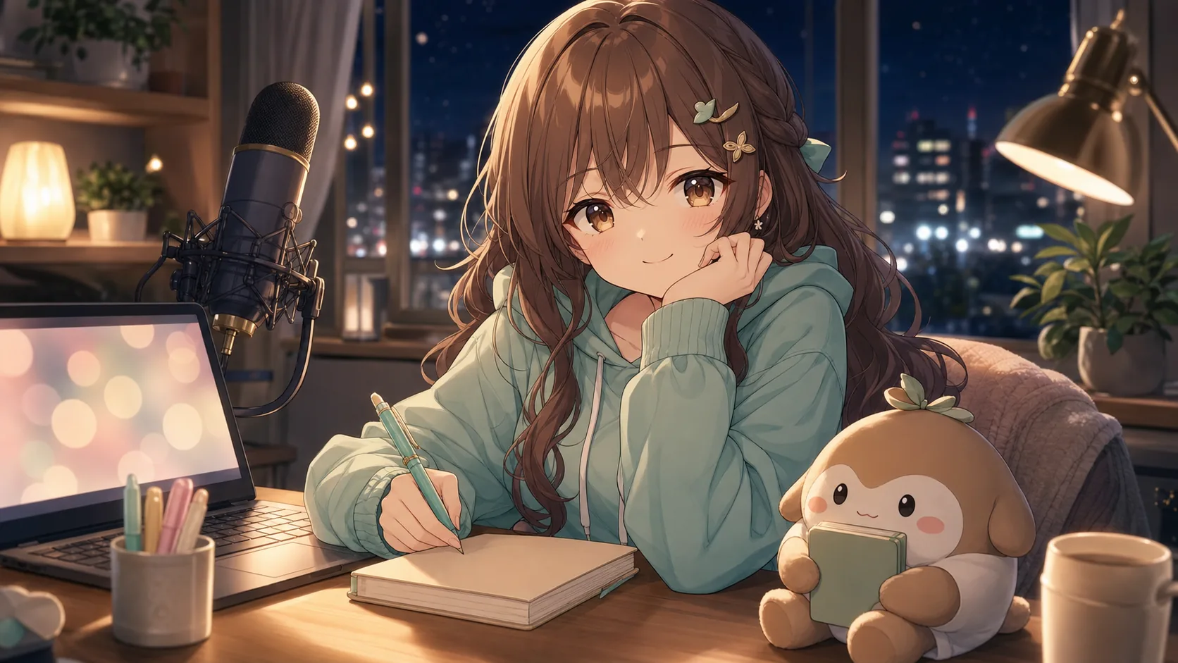 深夜の作業机でかわいいキャラクターがノートPCとマイクの前でリスナーのコメントを読むイメージ