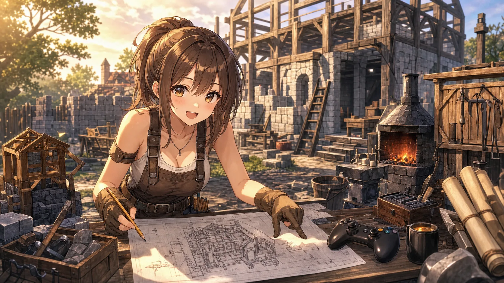 前日の続きとして鍛冶屋の設計図を見直すオリジナルキャラクターのイメージ