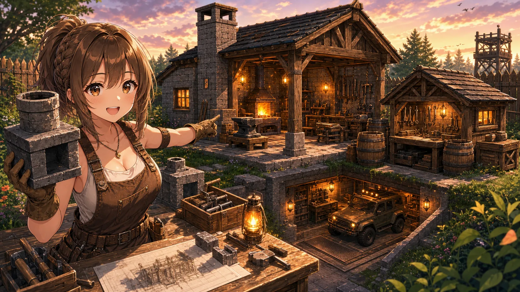 煙突や貯蔵庫や別棟の作業台を眺めて次回の宿題を整理するオリジナルキャラクターのイメージ