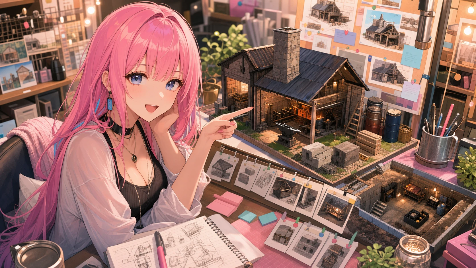 配信アーカイブの節目と建築メモを机上で整理するオリジナルキャラクターのイメージ
