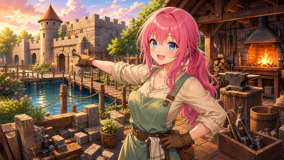 城外の鍛冶屋と堀を指し示すエプロン姿のオリジナルキャラクター