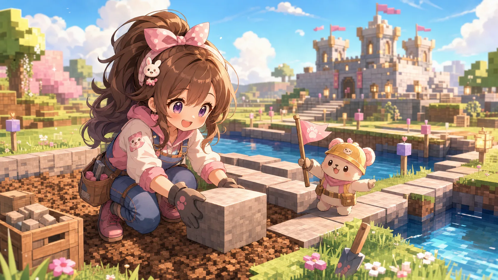 堀の内側へブロックを置いて道を作るオリジナルキャラクターのイメージ